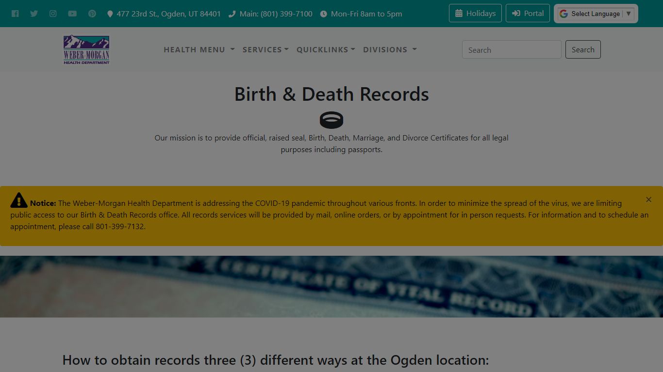 Weber-Morgan Health Department | Birth & Death Records - Weber County, Utah